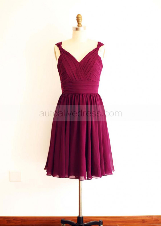 Plum Purple Pleated Chiffon Short Bridesmaid Dress
